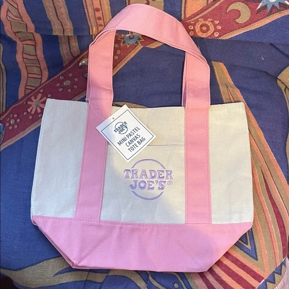 Trader Joe's Pink & Cream Mini Canvas Tote - Picture 1 of 2